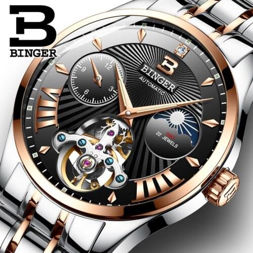 Switzerland Luxury Brand Binger Mens Fashion Casual Aurtomatic WristWatches Mechanical Tourbillon Skeleton Sapphire Male Clock