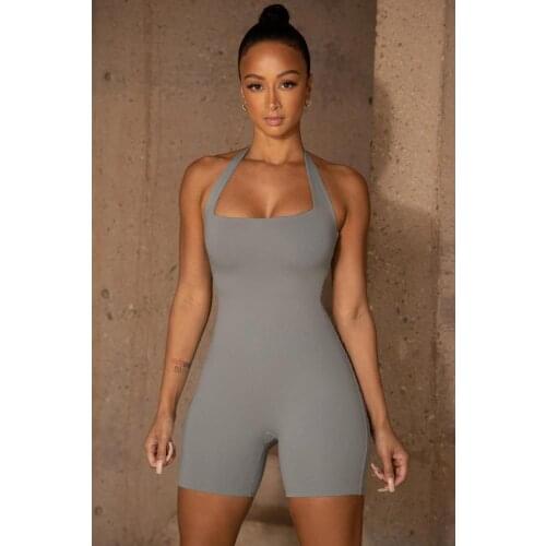 Skinny Open Back Gym Yoga Workout Womens Jumpsuit Halter Neck Bodycon Shorts Rompers Sporty Casual One Piece Overall Activewear