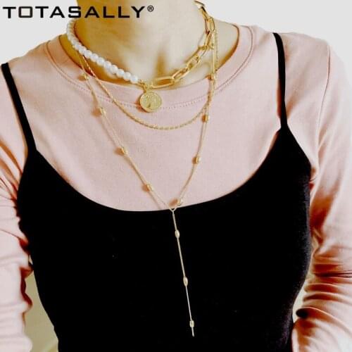TOTASALLY Party Multi-layer Chain Necklace ins Hot Coin Pendant Simulated Pearl Metal Oval Beaded Necklace 2020 Trendy dropship