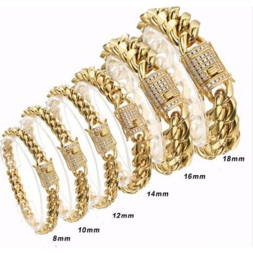 Unique Gold Color Miami Curb Link Chain Bracelet For Mens Jewelry Stainless Steel 8/10/12/14/16/18mm Shiny Crystal Clasp