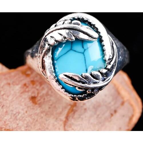 Vintage Bohemia Blue Turquoises Stone Rings for Women Jewelry Classic Silver Color Feather Lady Engagement Ring Party Gift Hot