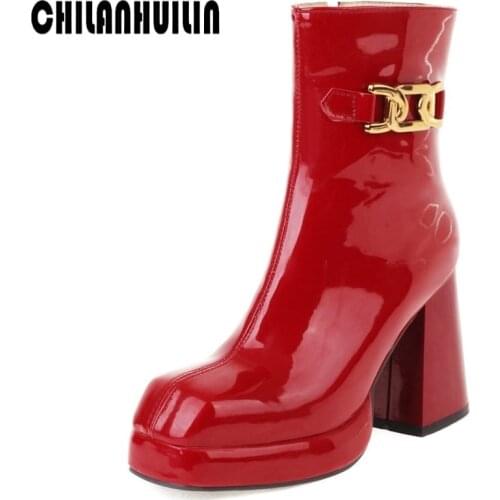 Top quality leather boots women high heels platform ankle boots for women square toe autumn winter shoes metal buckle rain boots