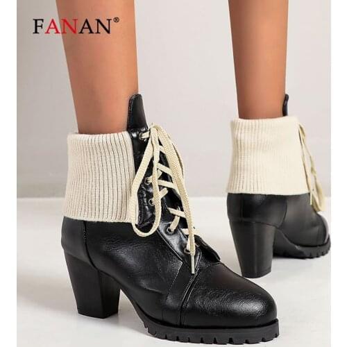 FANAN Fashion Winter Gothic Punk Womens Ankle Boots Lace Up Round Toe Boots Women Shoes Black Wedges High Heels Combat Boots