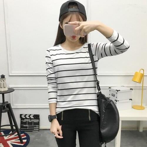 Womens Cotton T Shirts Long Sleeve 2020 Autumn O-Neck Striped Female T-Shirt Women White Black Casual Basic Classic Tops