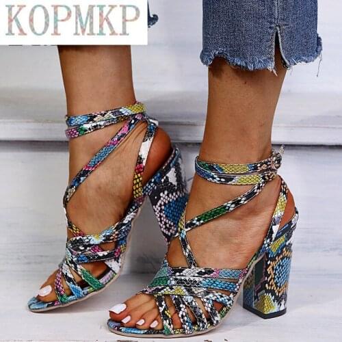 2021 Sandalias Mujer Womens Pumps Ladies Fashion Snakeskin Snake High Heels Cross Sandals Casual Shoes Women Sandals 35-43