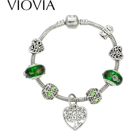 VIOVIA Green Glass Beads Jewelry Cuff Bracelet Best Love Heart Gift Silver Color Heart Charm Bracelets For Women Murano B16114