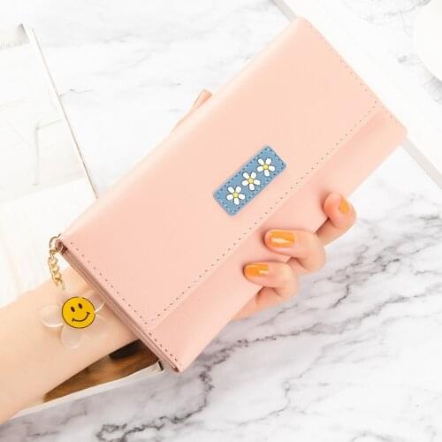 Womens Flower Hasp Long Wallet Female Pu Leather Fashion Solid Color Smiley Tassel Coin Purse Ladies Phone Card Holder Kawaii