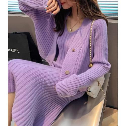 Autumn Sweater Suits Fashion Long Sleeve Knitted Sweater Cardigan + Spaghetti Strap Sleeveless Dress Female 2 Piece Set Q790