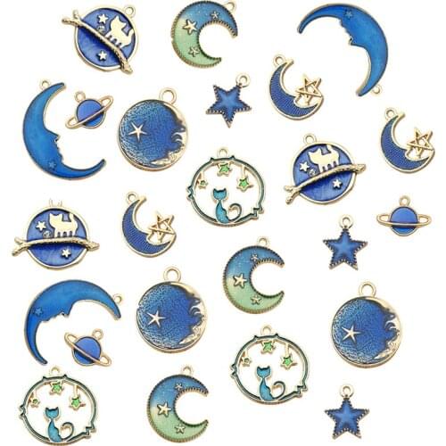 15/24Pcs/Set Enamel Cat Moon Star Earth Planet Charms For Jewelry Making DIY Necklace Bracelet Dangle Hook Earring