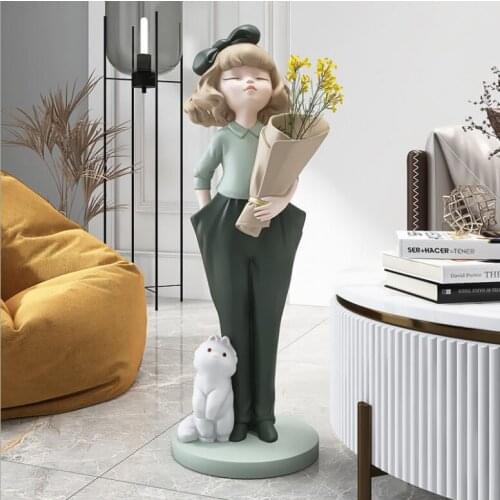 Nordic Large Floor Storage Tray Bouquet Girl Resin Decoration Home Livingroom Furnishings Ornaments Store Hotel Sculpture Crafts