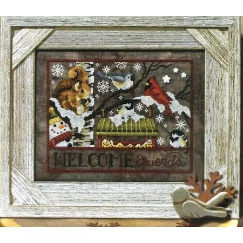 Counted Cross Stitch Kit Winter Feeding Station Welcome Friends Squirrel and Robbin Pinson Mesange Bird in Winter Snow