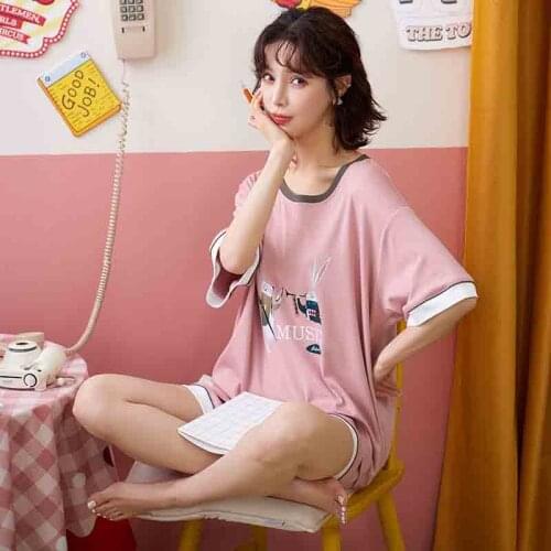 Summer Kawaii Pink Short Sleeve Cartoon Women Pajamas Set Loose Cotton Casual Sleepwear Sweet Naughty Girls Home Wear Plus Size