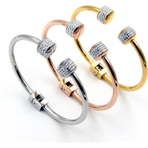 Fashion Stainless Steel Bangle Punk Better Crystal Double Ball Cuff Nail Bracelet Woman Lady Party Gift Rose Gold Color