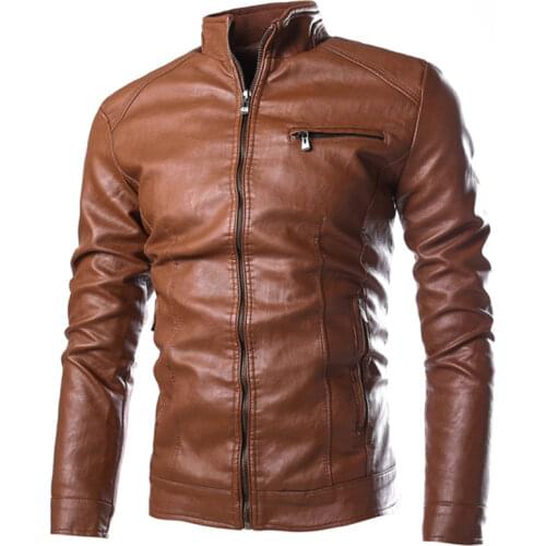 Winter plus cotton thick mens leather jacket stand collar zipper solid color male warm and windproof faux leather coat