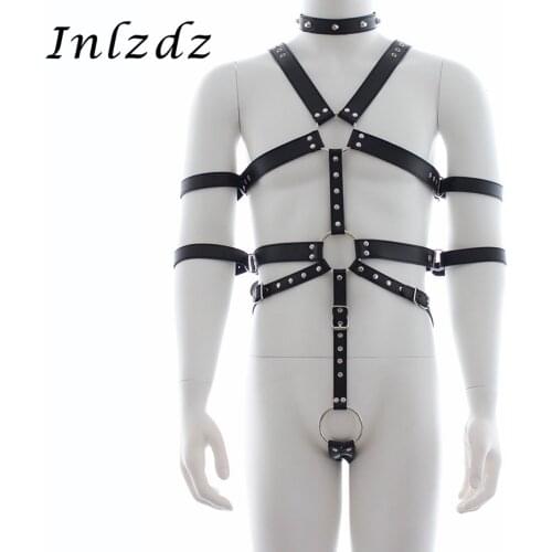 Harness Mens PU Leather Sexy Full Bodysuit Restraint Set Gay Chest Harness Awaist Straps Lingerie Sex Costume Full Bodysuit