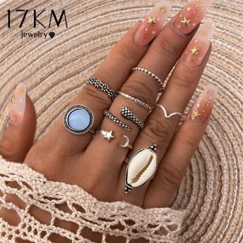 Ethnic Silver Color Snake Stone Big Shell Rings Set For Women Moon Knuckle Rings Finger Ring 2021 NEW Jewelry