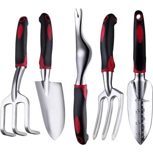 Garden Tool Set, 5 Piece Aluminum Garden Gift Tool Set with Non-Slip Rubber Handle (Black/Red)
