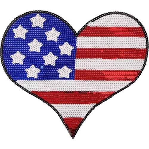 WUYUCONG Sequins Flag Heart Iron on Patches for Clothes Jeans Big Motif Embroidery Applique Heart Sequined Patch Sewing DIY