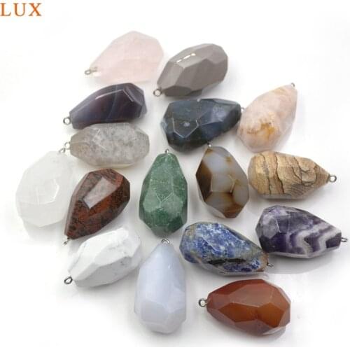 Natural Gems-Stone Big Oval Drop Charm Howlite Agates Faceted Pendant with brass finding Nugget Pendant for Necklace DIY Making