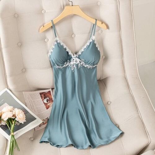 Spaghetti Strap Nightdress Femme Lace Trim Sleepwear Sexy Summer Sleeveless Nightgown V-Neck Robe Gown Mini Sleep Dress
