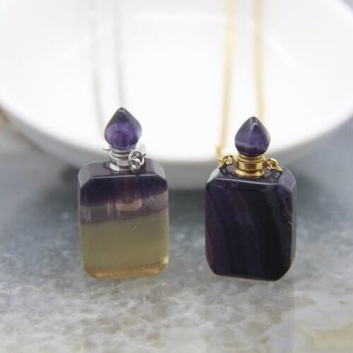 Rainbow Fluorite Rectangle Perfume Bottle Pendants Necklace,Golded/Silvery Chains,Natural Quartz Essential Oil Diffuser Vial