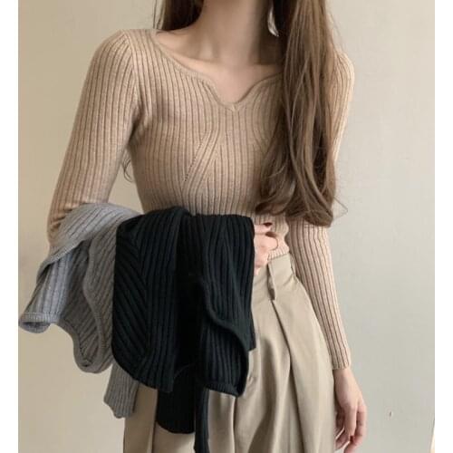 Spring Autumn Sexy V-neck Knitted Pullover Korean Elegant Ladies Slim Fit Tops Women Long Sleeve Gray Khaki Black Sweater Female