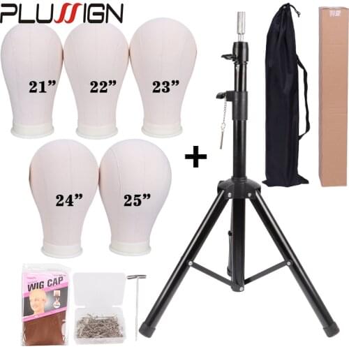 Plussign Adjustable Wig Tripod Stand Wig Display Canvas Block Head 21-25Inch 50Pcs Tpins 2Pcs Stocking Wig Cap For Making Wigs