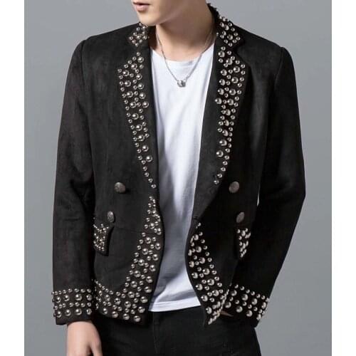 S-XXL! Singers costume 2019 Velvet fabric fashion suit heavy metal rivet stage show clothes