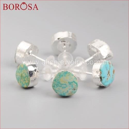 BOROSA 5Pairs Pure Silver Color Freeform Natural Blue Stone Natural Turquoises Stud Earrings Fashion Earring for Women SS043