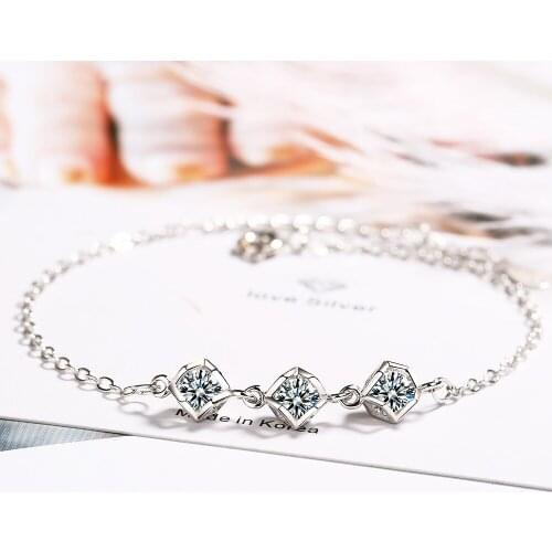 925 Sterling Silver Zircon Square Charm Bracelet &Bangle For Women Girls Jewelry Party SL391