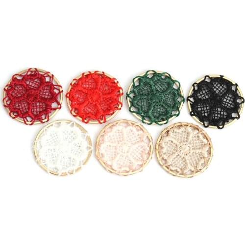 DoreenBeads Fashion Zinc Based Alloy & Cotton Connectors Round Gold Khaki Multicolor Flower Woven Pattern 28mm Dia., 10 PCs