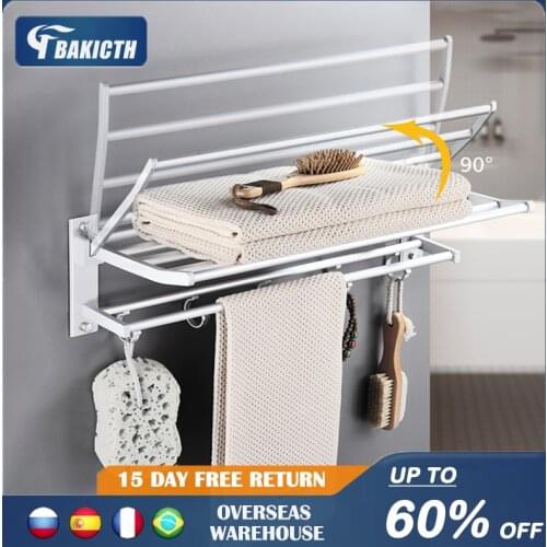 Towel Rack Double-Layer Shower Holder Bathroom Accessory Fold Wall Organizer Hook Hanger Bright Silver Aluminum Storage Shelf