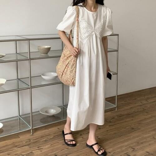 Vintage Summer Dress 2021 New Slim Waist O Neck Short Sleeve Dresses Women Lace Patchwork Casual Retro Vestidos Mujer