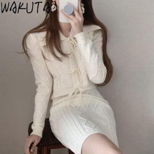 WAKUTA Elegant Knitted 2 Piece Set Women Short Lace Up Cardigan and Elastic Waist Skirt Korean Style Sweet Outfits Office Lady