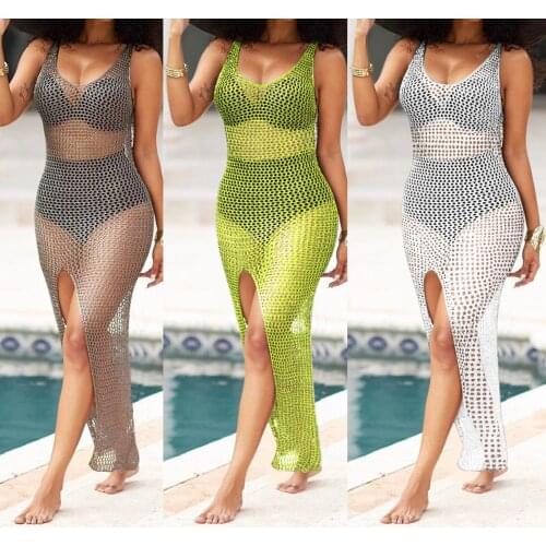 Womens Sexy Swimsuit Cover Ups Sheer Crochet Beach Bikini Maxi Dresses Solid Color Hollow Split Long Dress Robe De Plage 2021
