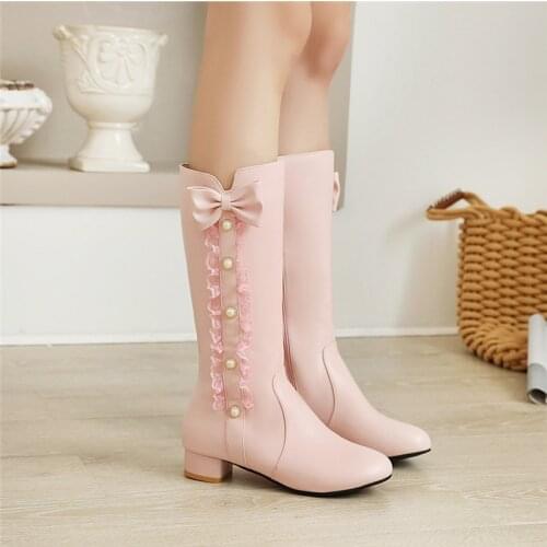 YQBTDL 2021 Autumn Winter Cosplay Mid Long Boots Women Pink White Black Princess Ruffles Butterfly-knot Chunky Hees Lolita Shoes