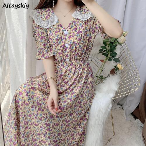 Dresses Women Floral Printed Lace Patchwork High Waist Elegant Womens V-neck Sexy Lady Fresh Vestidos 2020 Summer Clothing Chic
