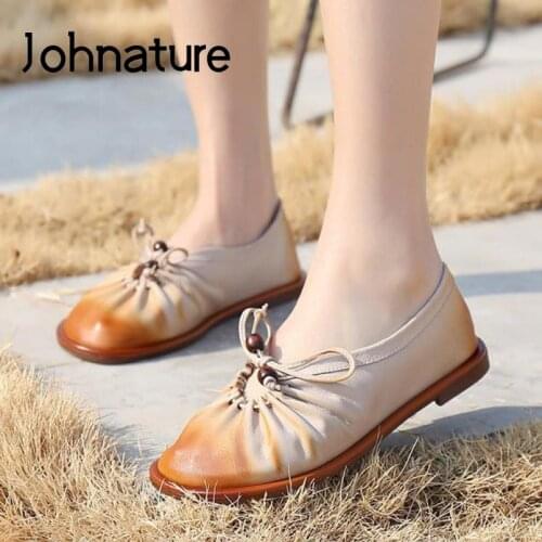 Johnature Flats Women Shoes Genuine Leather 2021 New Lace-Up Spring/Autumn Round Toe Handmade Concise Retro Shallow Ladies Shoes