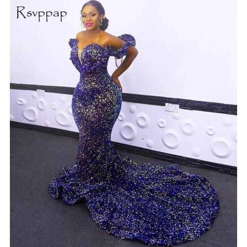 Long Sparkly Women Evening Gowns Sexy Mermaid Off The Shoulder Sweetheart Royal Blue Sequined African Formal Evening Dress 2020