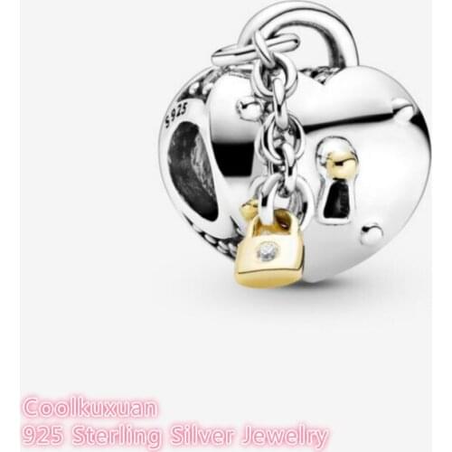 100% 925 Sterling Silver Two-Tone Heart and Lock Charm beads Fits Original Pandora bracelets Jewelry Making