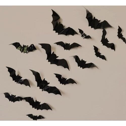 16Pcs/Set 3D Black Bat Wall Stickers Halloween Gothic Party PVC DIY Home Decorations Wall Stickers Scary Bat Detachable Stickers