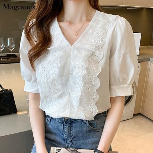 2021 Summer Ruffles Lace Chiffon Shirt Ladies Korean V Neck Puff Short Sleeve Floral Blouse Women Loose Hollow White Tops 15270