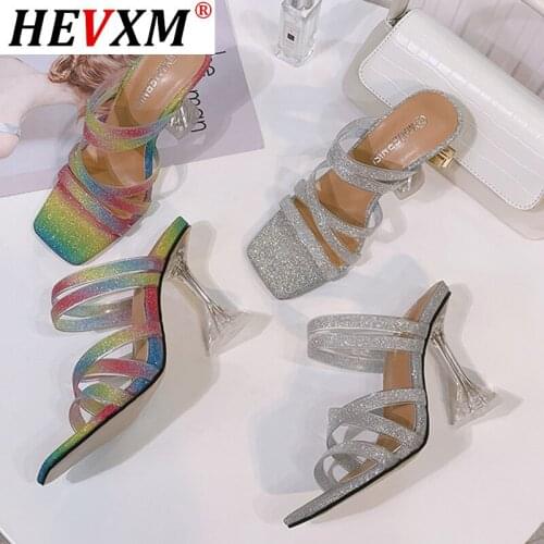 HEVXM 2021 Women Summer Sexy Crystal Wear Slippers Large Size 35-46 Women Slippers Square Head Candy Color Horizontal Slippers