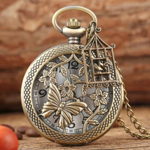Butterfly and Flower Retro Style Necklace Pocket Watch Chain Steampunk Pendant Quartz Fob Watch Clock with Accessory