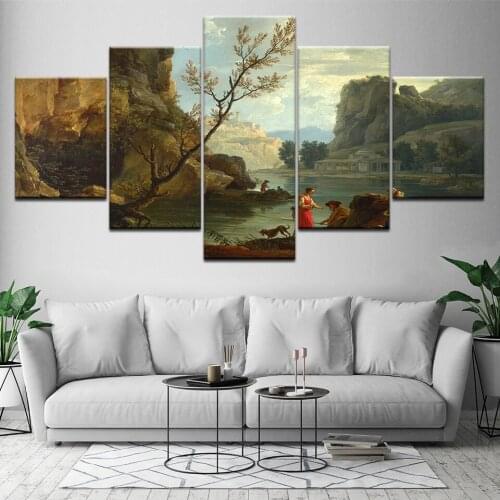 Canvas Painting Wall Art home Decoration 5 Panel Mountain River Tree Modular Pictures Forest Landscape HD Printing Oil Paintings