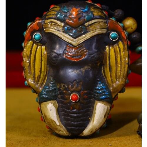 3"Tibet Temple Collection Old Natural meteorite Filigree mosaic gem Dzi Bead Elephant Trunk Statue Pendant amulet Town House