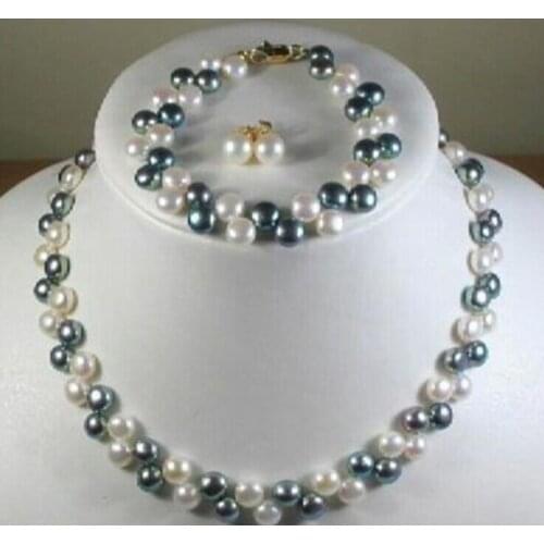 Beautiful! 2 Rows 7-8MM Black White Pearl Necklace Bracelet Earring Set