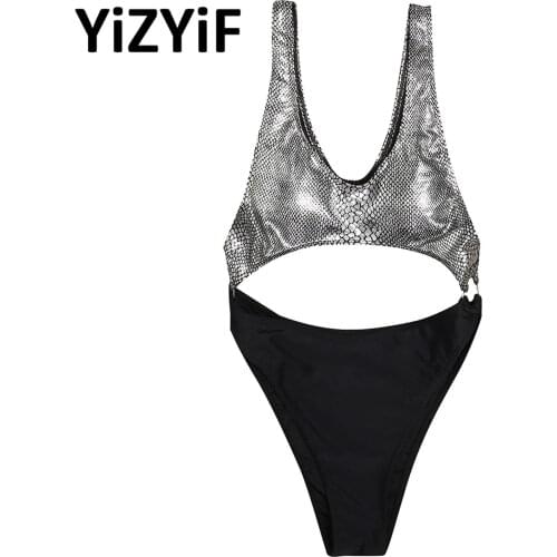 Fashion One Piece Swimsuit Swimwear Patchwork Snakeskin Printed Scoop Neck High Leg Cut Leotard Swimming Suit