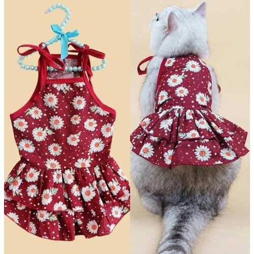 Pet Summer Pullover Skirt Red Floral Print Sweat-absorbent Non-shrink Dress Casual Cat Dog Suspender Sleeveless Skirt for Travel