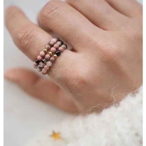 Bohemian Ring Set Natural Stone Pink Crystal Red Pattern Gold Stainless Steel Bead Elastic Rope Rings for WomenParty Gift